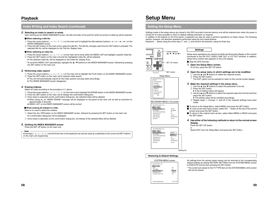 JVC 240-020-505 manual Setting the Setup Menu 