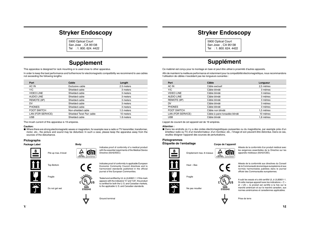 JVC 240-020-505 manual Stryker Endoscopy, Supplement, Supplément, Pictographs, Pictogrammes 