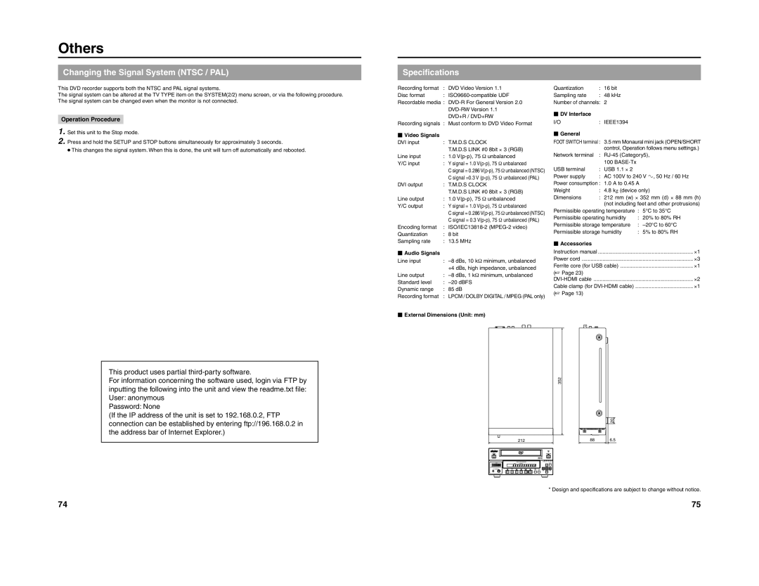 JVC 240-020-505 manual Others, Changing the Signal System Ntsc / PAL, Specifications, Operation Procedure 