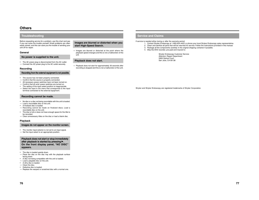 JVC 240-020-505 manual Others, Troubleshooting, Service and Claims 