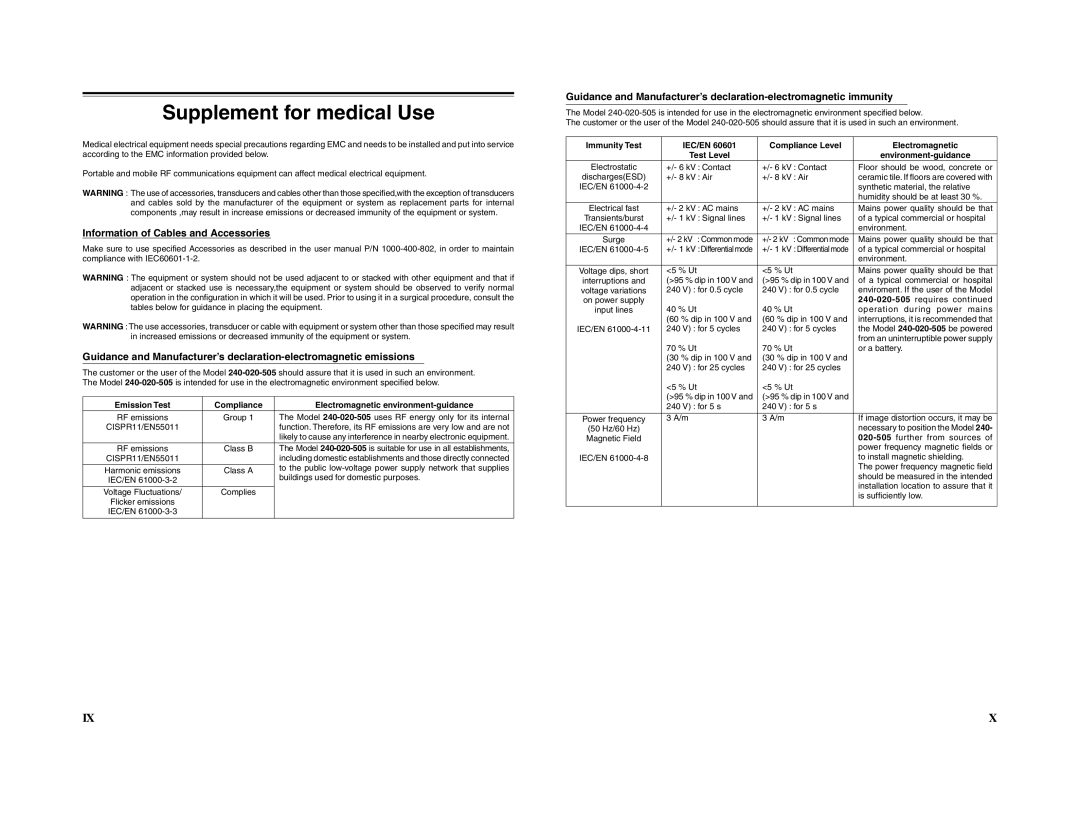 JVC 240-020-505 manual Supplement for medical Use, +/- 1 kV Differential mode 