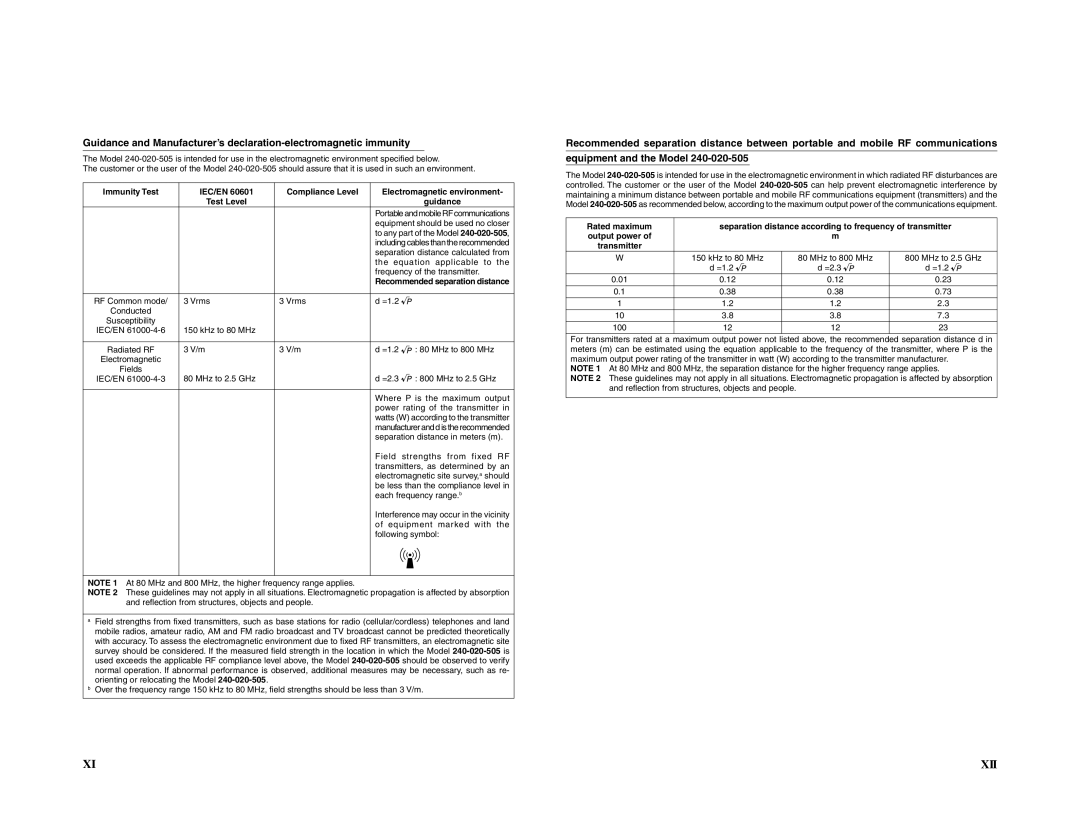 JVC 240-020-505 manual Xii, Recommended separation distance 