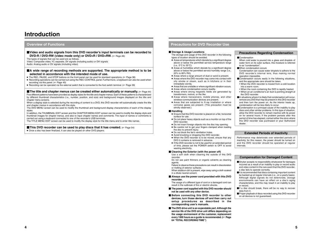 JVC 240-020-505 manual Introduction, Overview of Functions, Precautions for DVD Recorder Use 