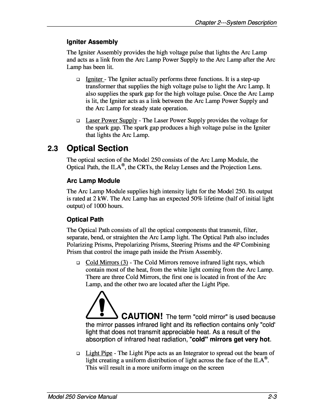 JVC 250 service manual Optical Section, Igniter Assembly, Arc Lamp Module, Optical Path 