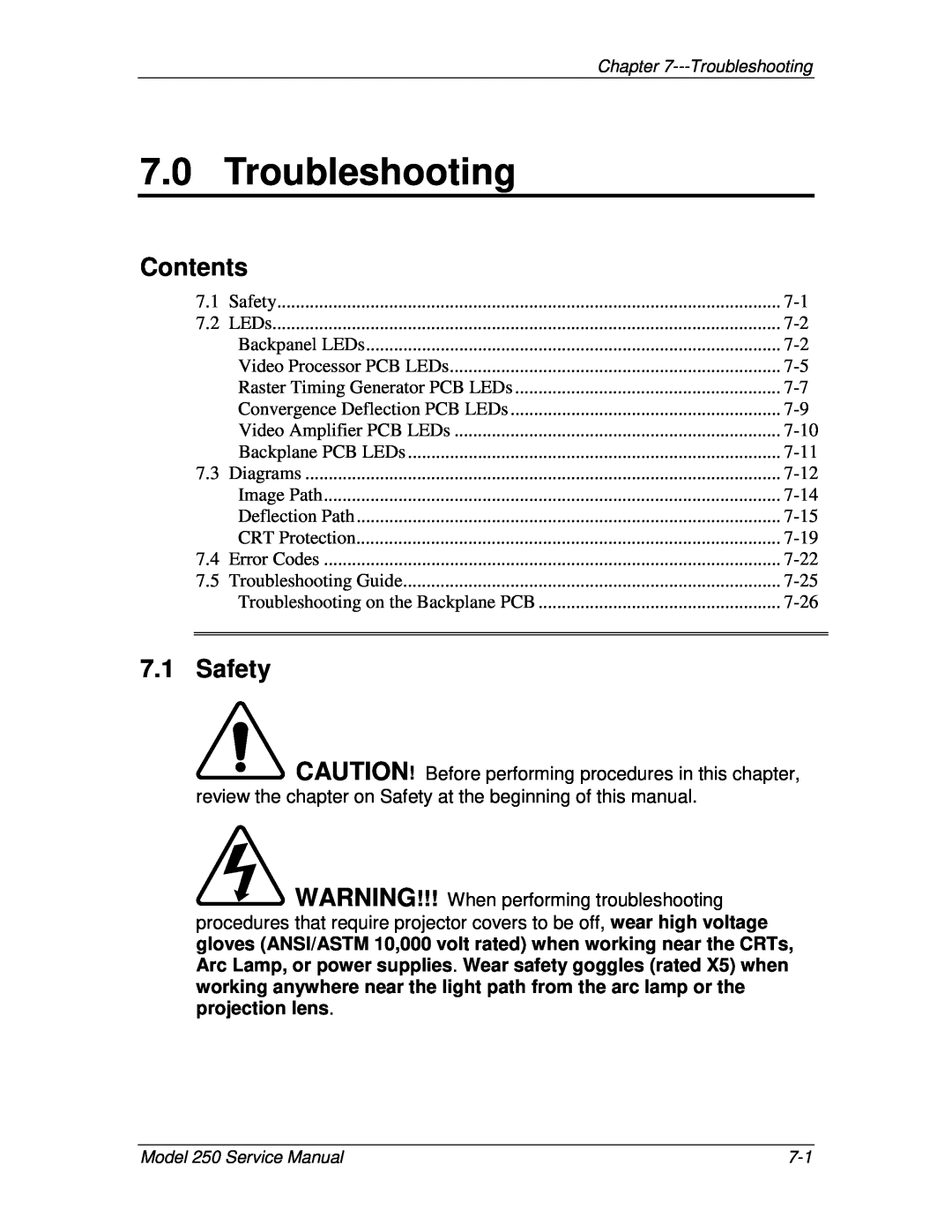 JVC 250 service manual Troubleshooting, Safety, Contents 