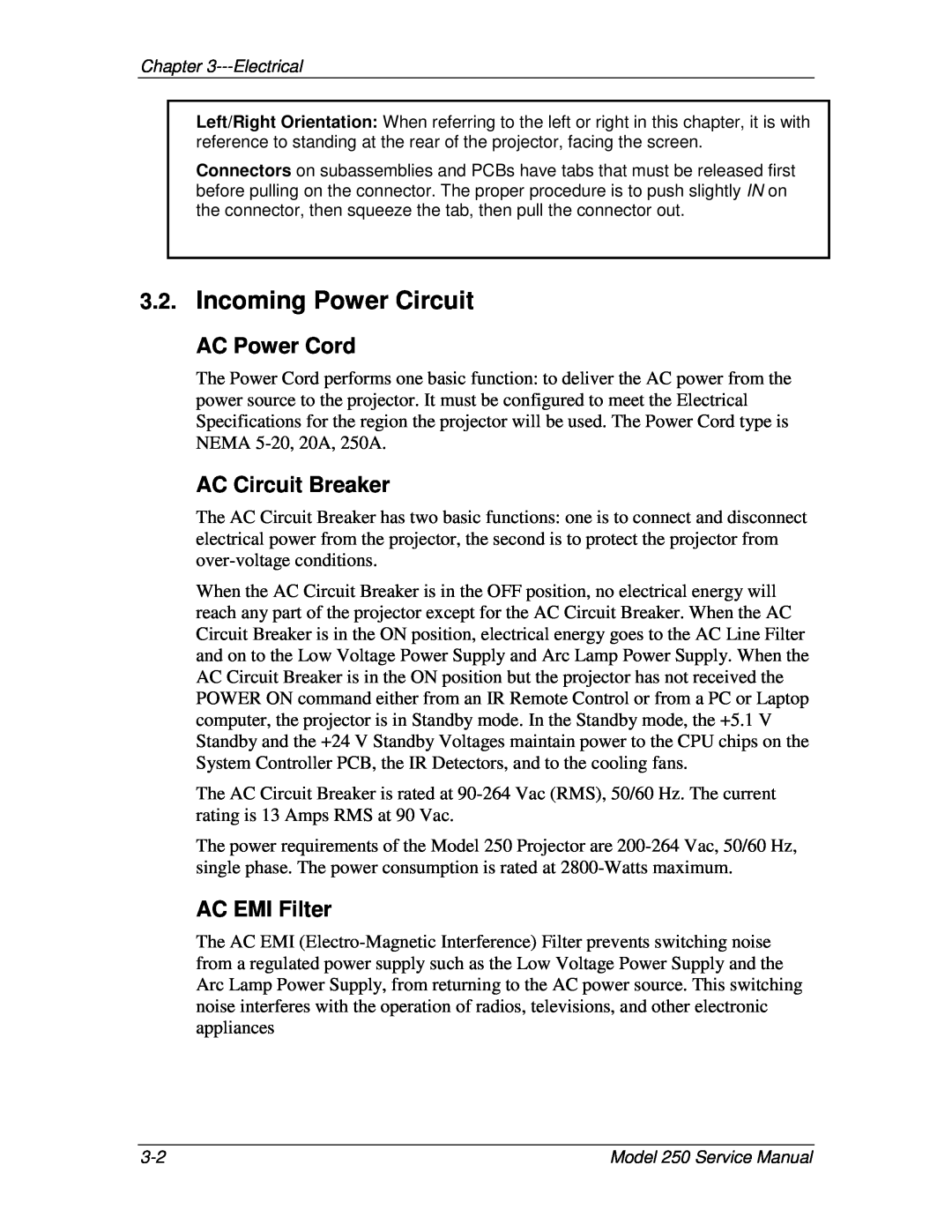 JVC 250 service manual Incoming Power Circuit, AC Power Cord, AC Circuit Breaker, AC EMI Filter 