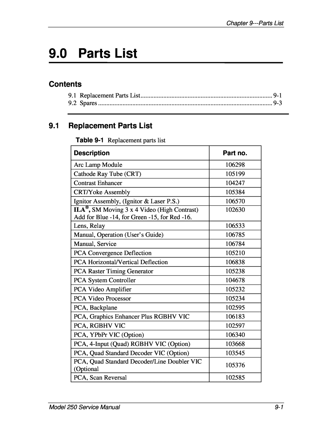 JVC 250 service manual Replacement Parts List, Description, Contents 