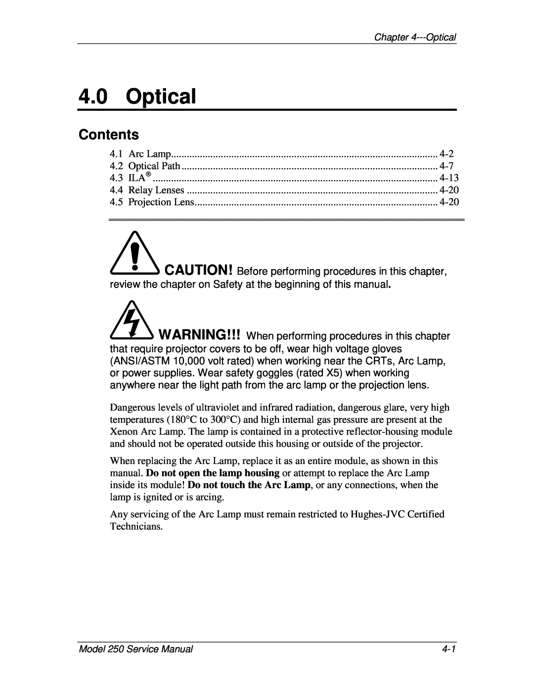 JVC 250 service manual Optical, Contents 