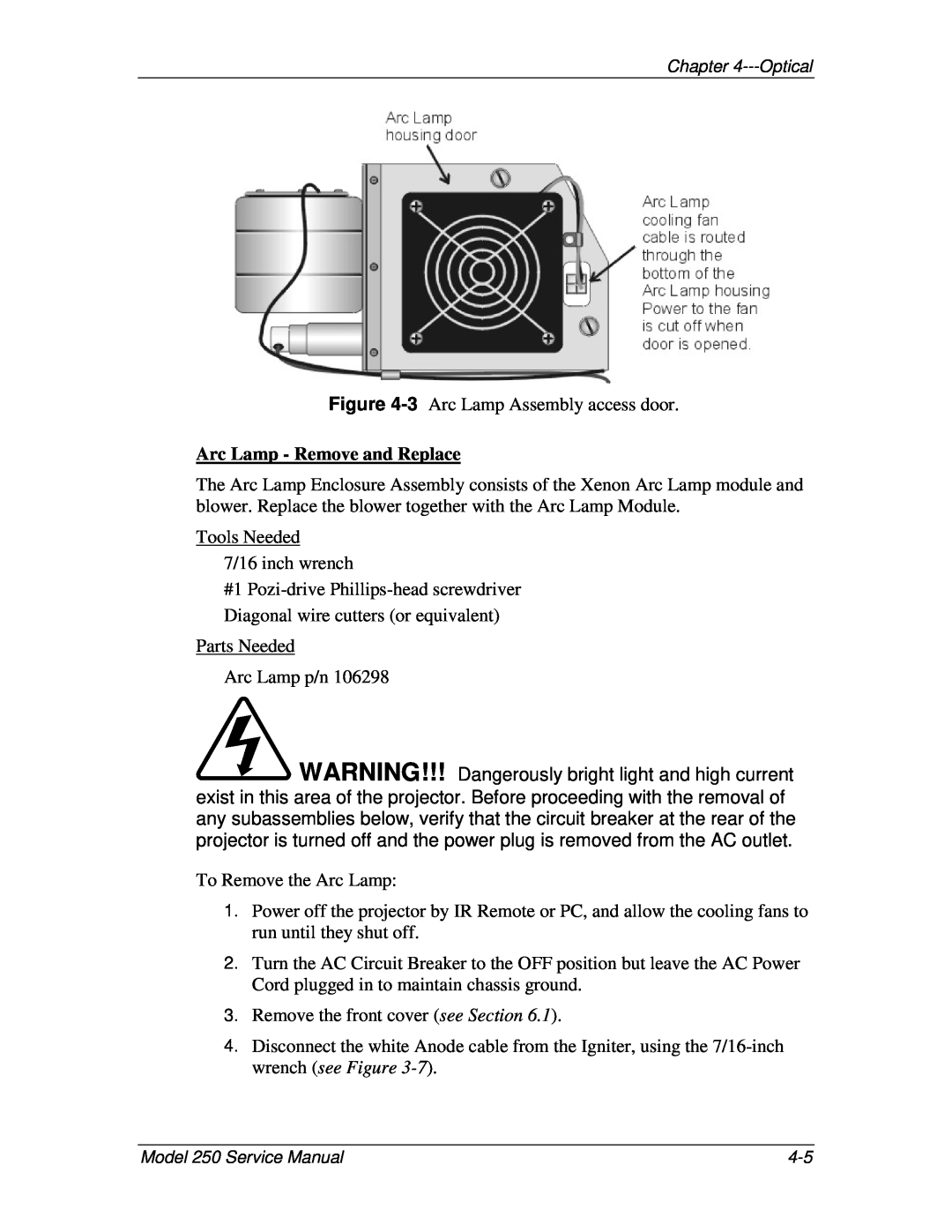 JVC 250 service manual Arc Lamp - Remove and Replace 