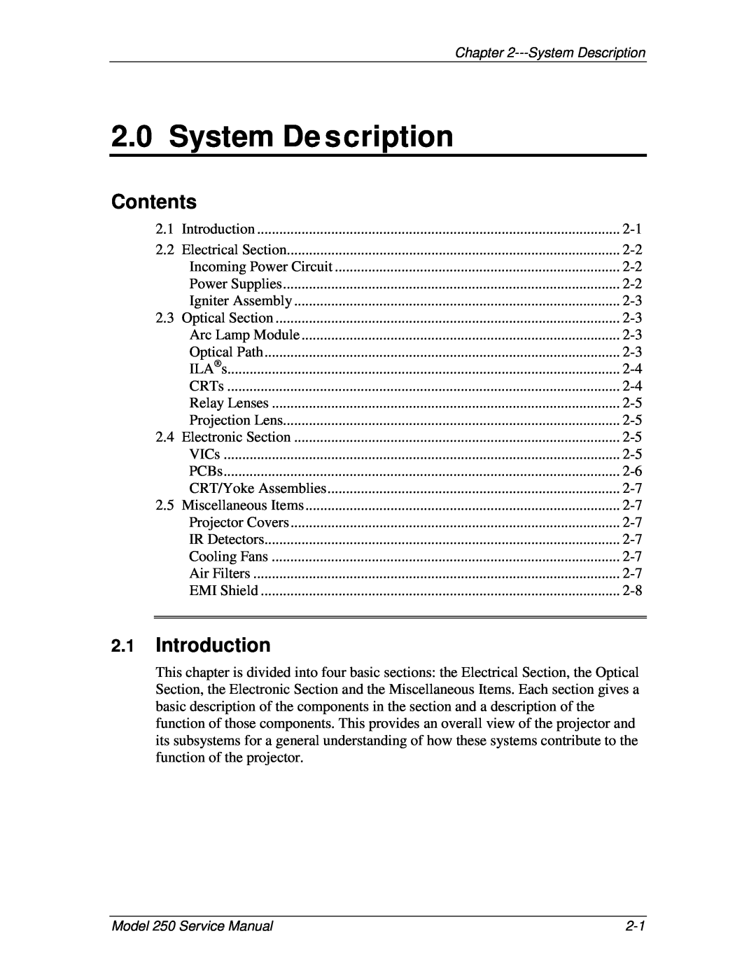 JVC 250 service manual System De scription, Contents, Introduction 