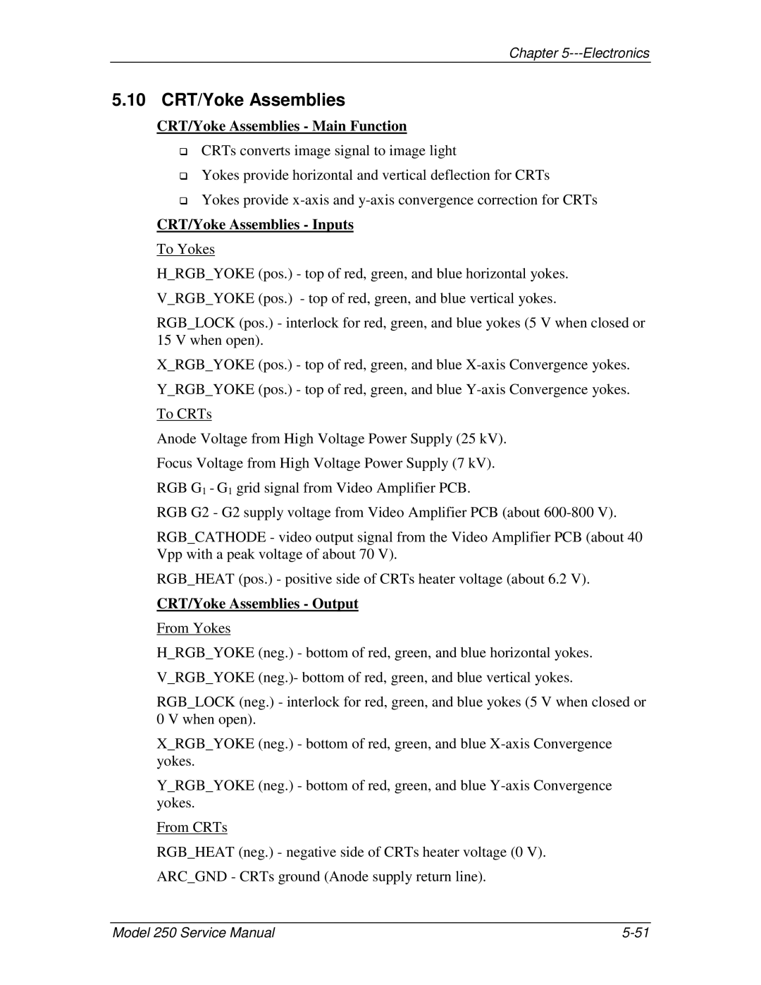 JVC 250 10 CRT/Yoke Assemblies, CRT/Yoke Assemblies Main Function, CRT/Yoke Assemblies Inputs, CRT/Yoke Assemblies Output 