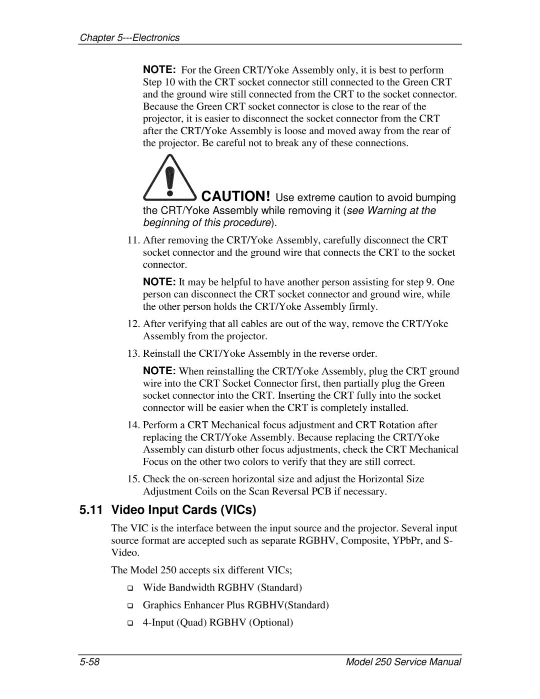 JVC 250 service manual Video Input Cards VICs 