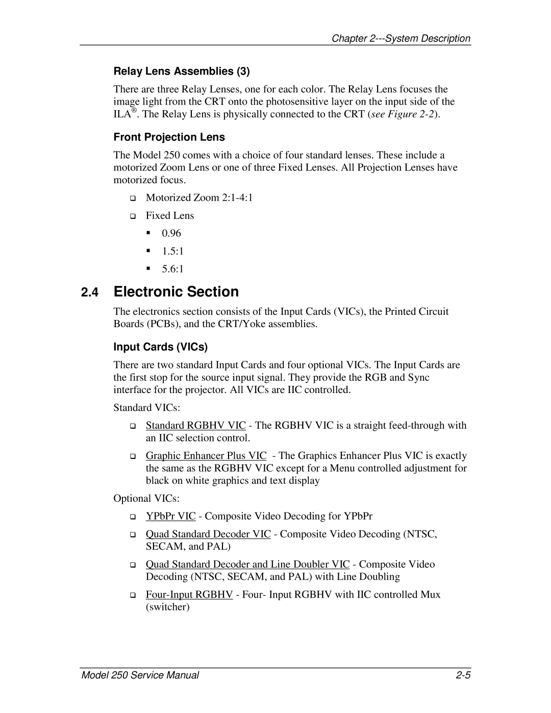 JVC 250 service manual Electronic Section, Relay Lens Assemblies, Front Projection Lens, Input Cards VICs 