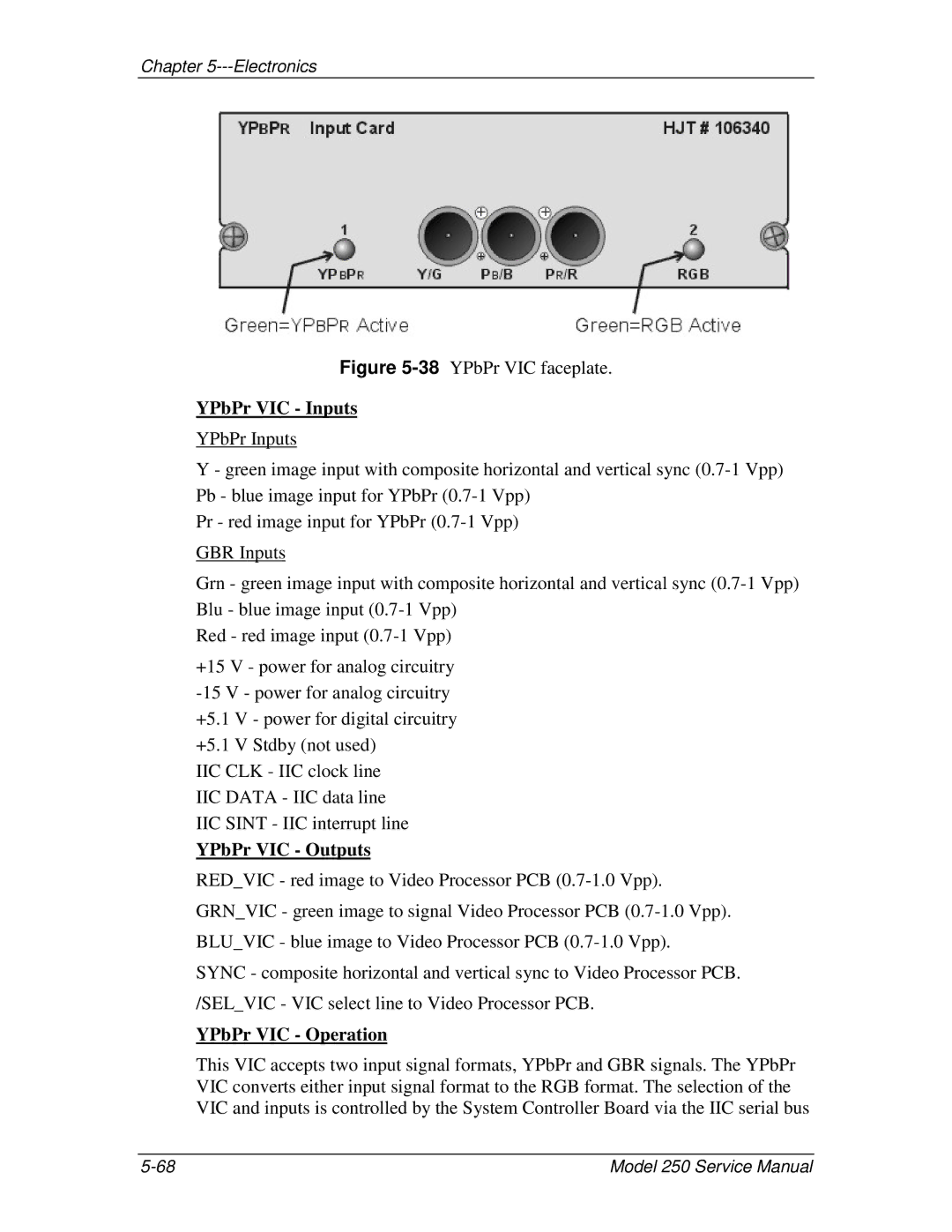 JVC 250 service manual YPbPr VIC Inputs, YPbPr VIC Outputs, YPbPr VIC Operation 