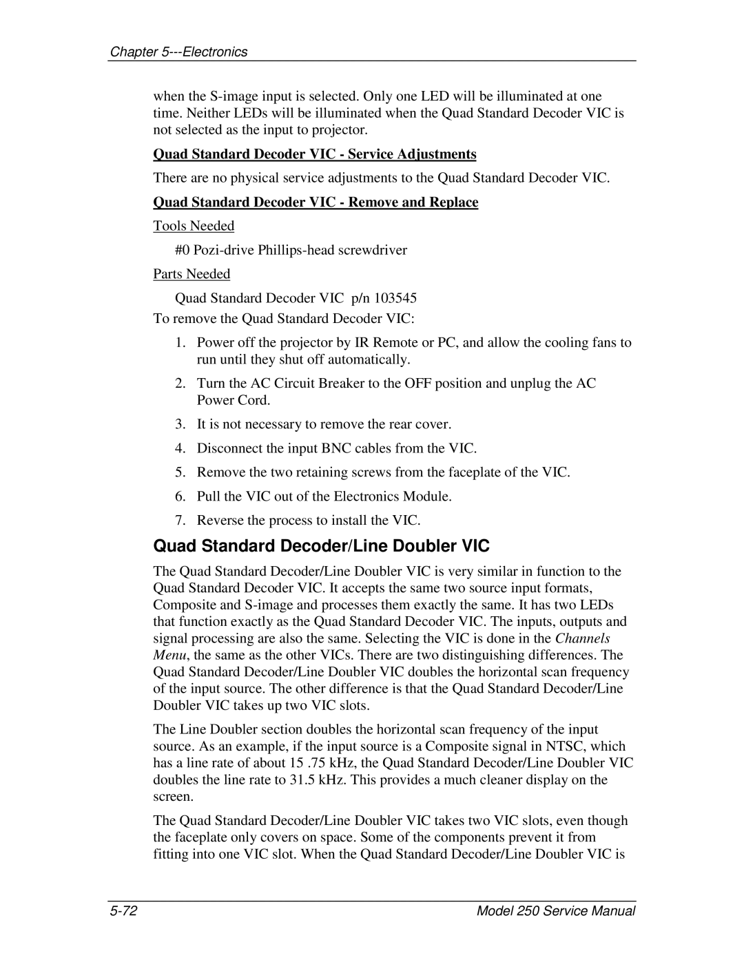 JVC 250 service manual Quad Standard Decoder/Line Doubler VIC, Quad Standard Decoder VIC Service Adjustments 