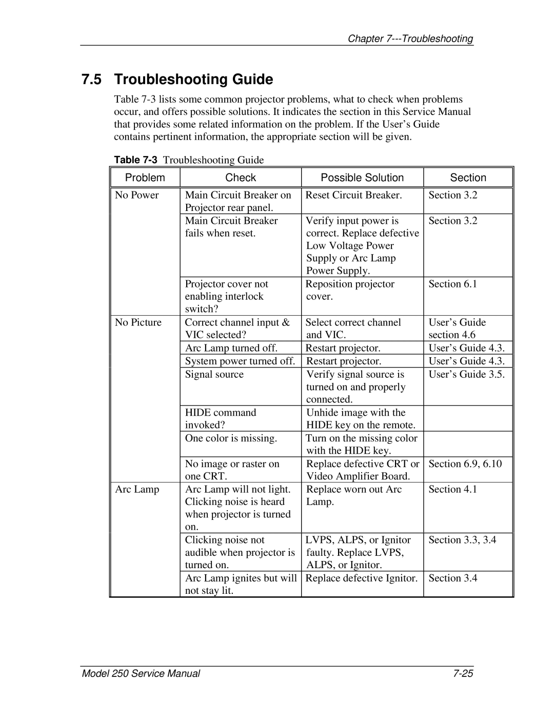 JVC 250 service manual Troubleshooting Guide, Problem Check Possible Solution Section 