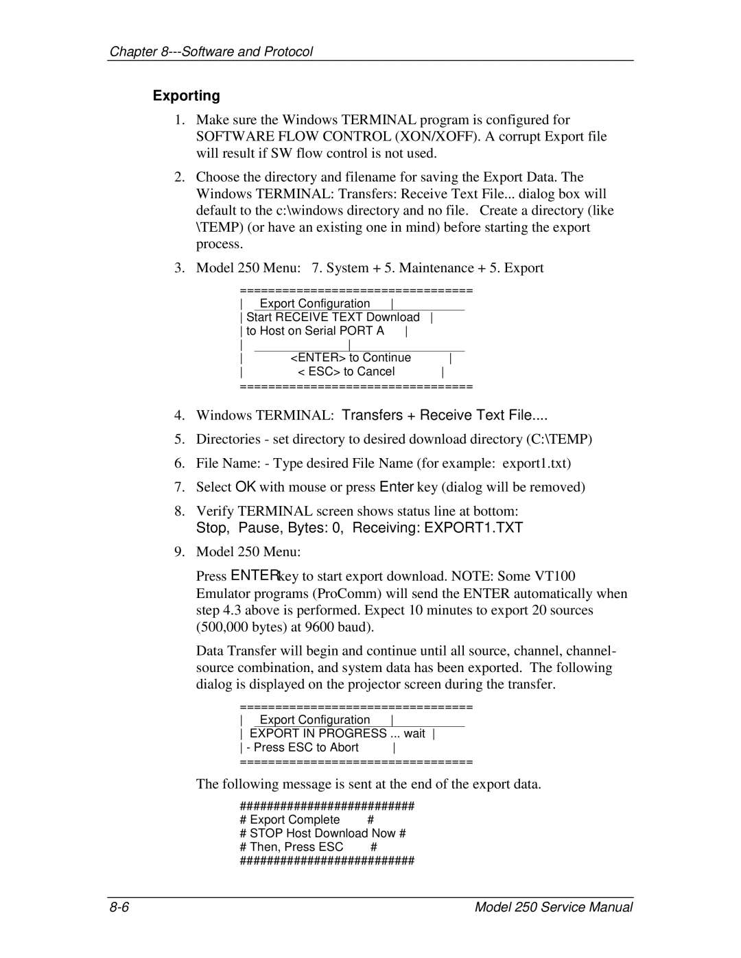 JVC 250 service manual Exporting, Windows Terminal Transfers + Receive Text File 