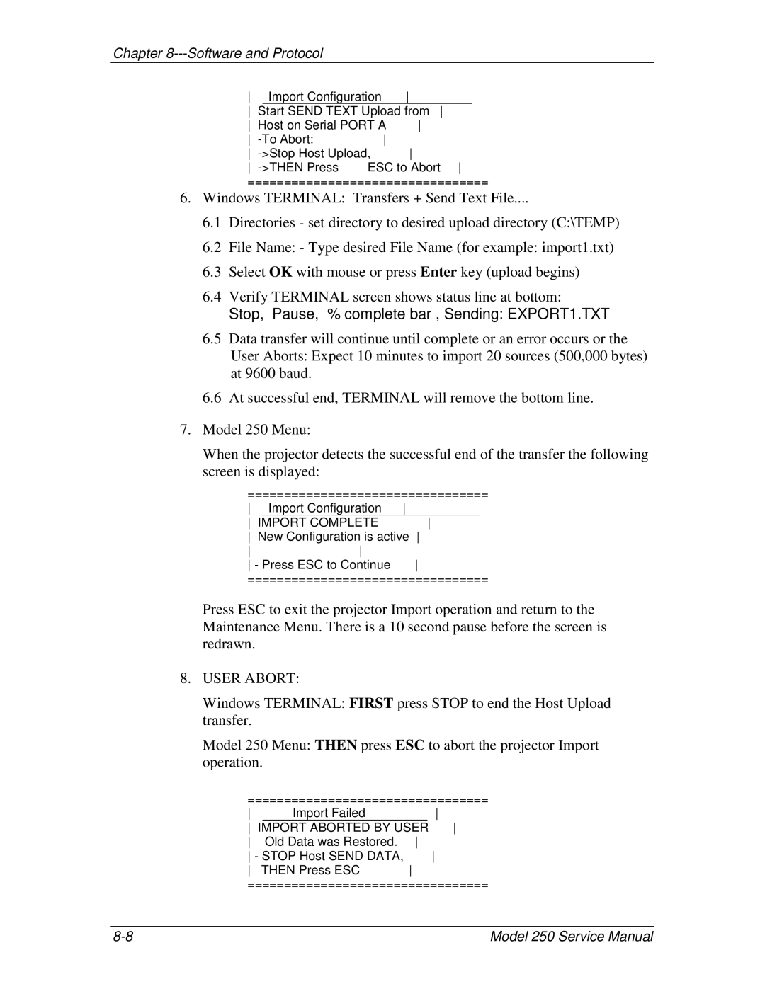 JVC 250 service manual Stop, Pause, % complete bar, Sending EXPORT1.TXT 