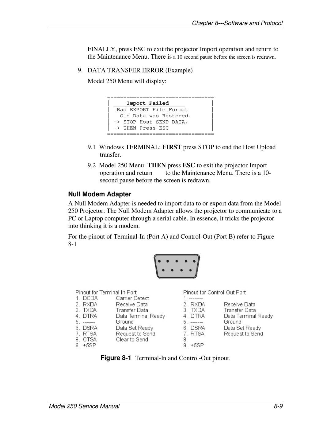 JVC service manual Data Transfer Error Example Model 250 Menu will display, Null Modem Adapter 