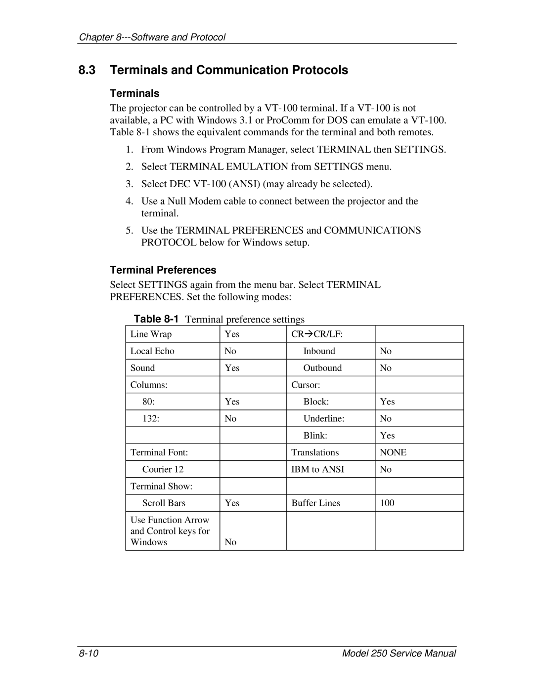 JVC 250 service manual Terminals and Communication Protocols, Terminal Preferences 