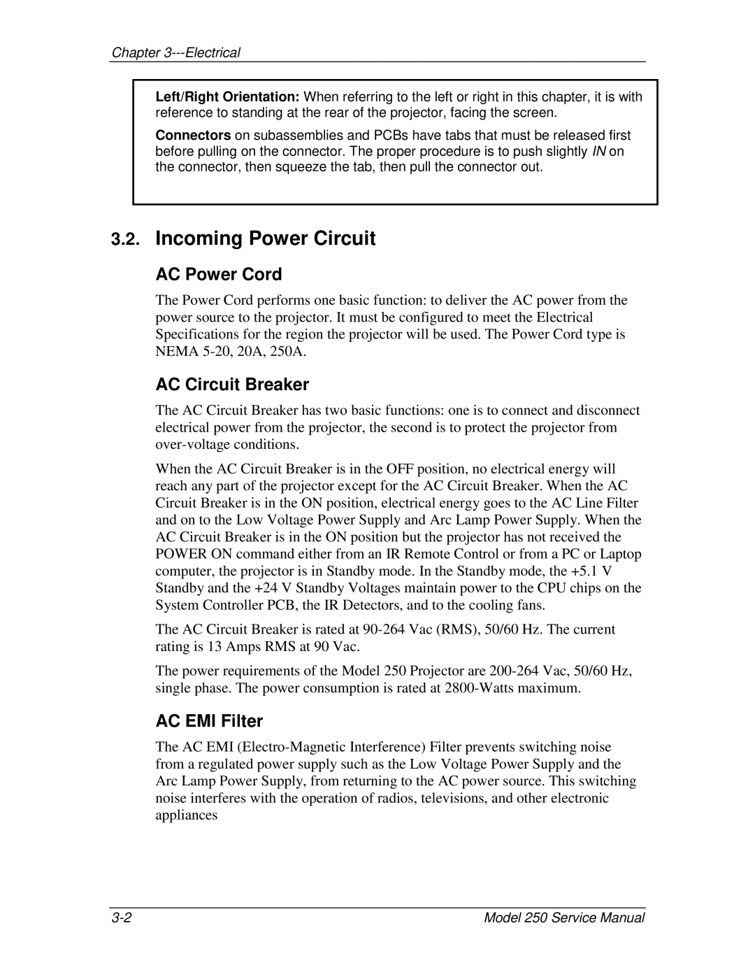 JVC 250 service manual Incoming Power Circuit, AC Power Cord, AC Circuit Breaker, AC EMI Filter 