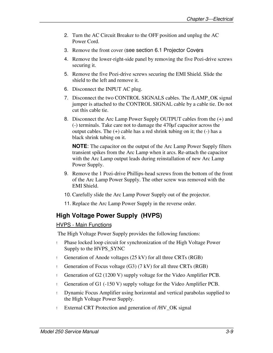 JVC 250 service manual High Voltage Power Supply Hvps, Hvps Main Functions 