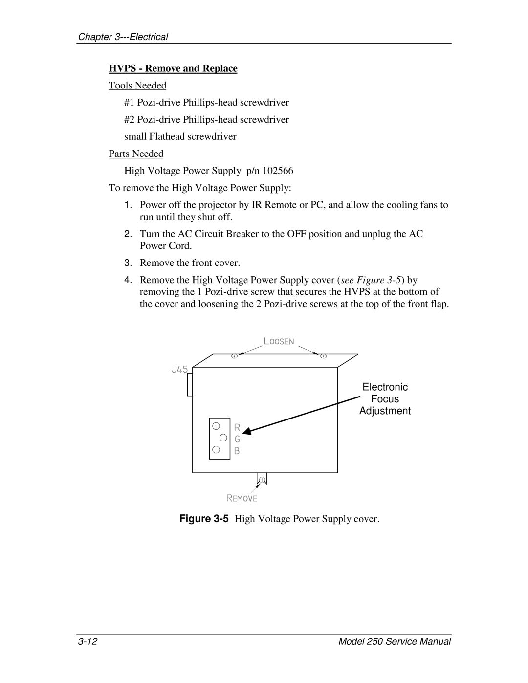 JVC 250 service manual Hvps Remove and Replace, 5High Voltage Power Supply cover 