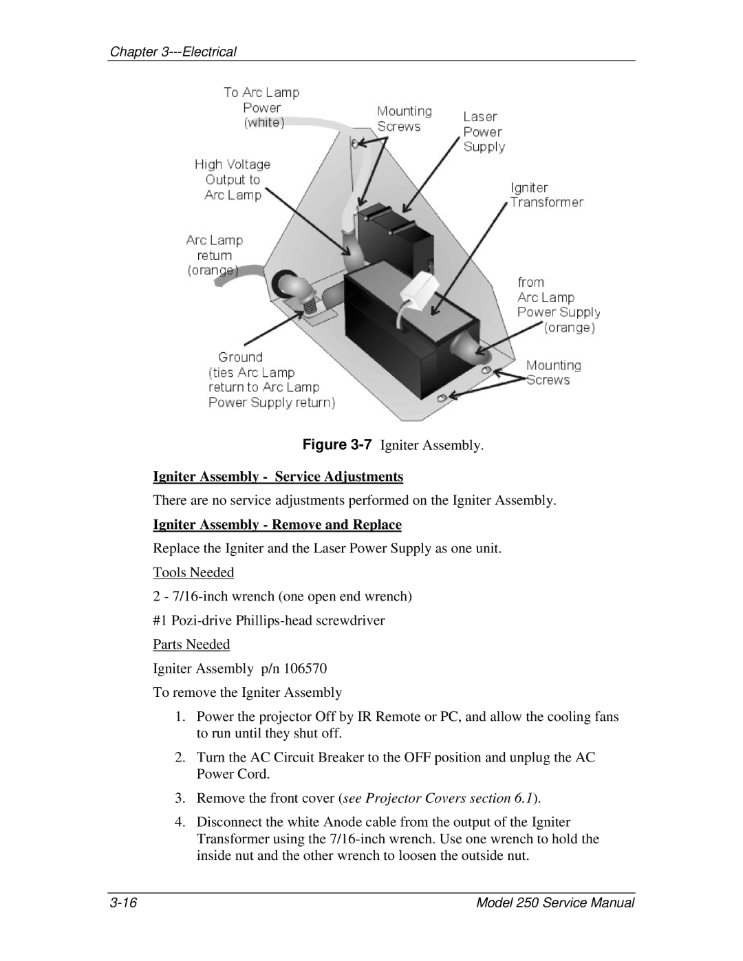 JVC 250 service manual Igniter Assembly Service Adjustments, Igniter Assembly Remove and Replace 