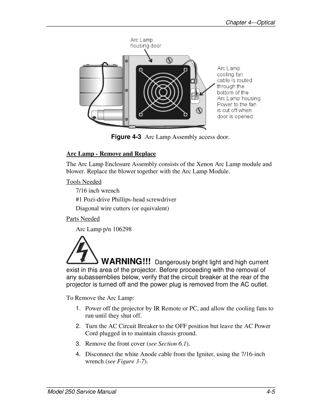 JVC 250 service manual 3Arc Lamp Assembly access door, Arc Lamp Remove and Replace 