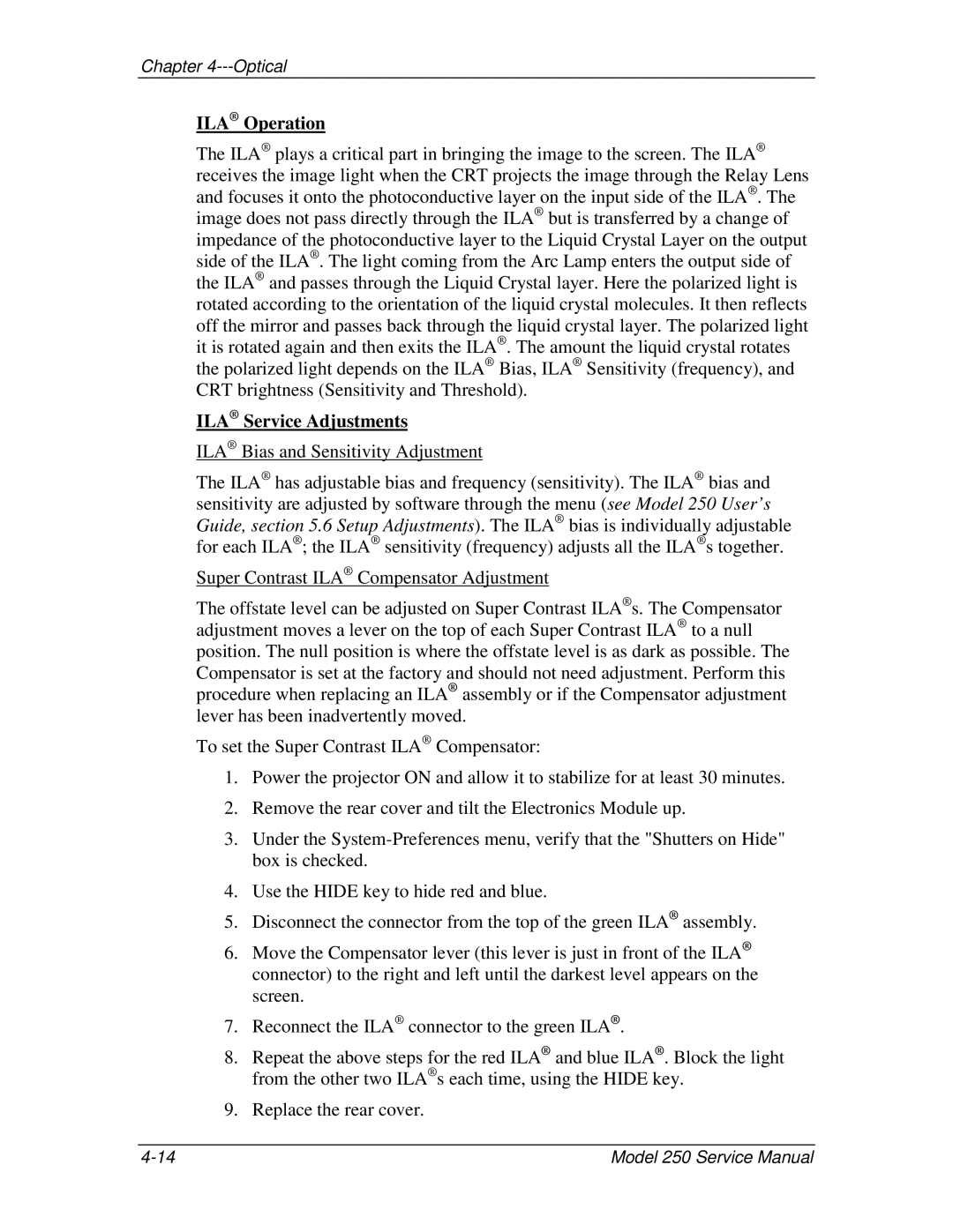 JVC 250 service manual ILA Operation, ILA Service Adjustments 