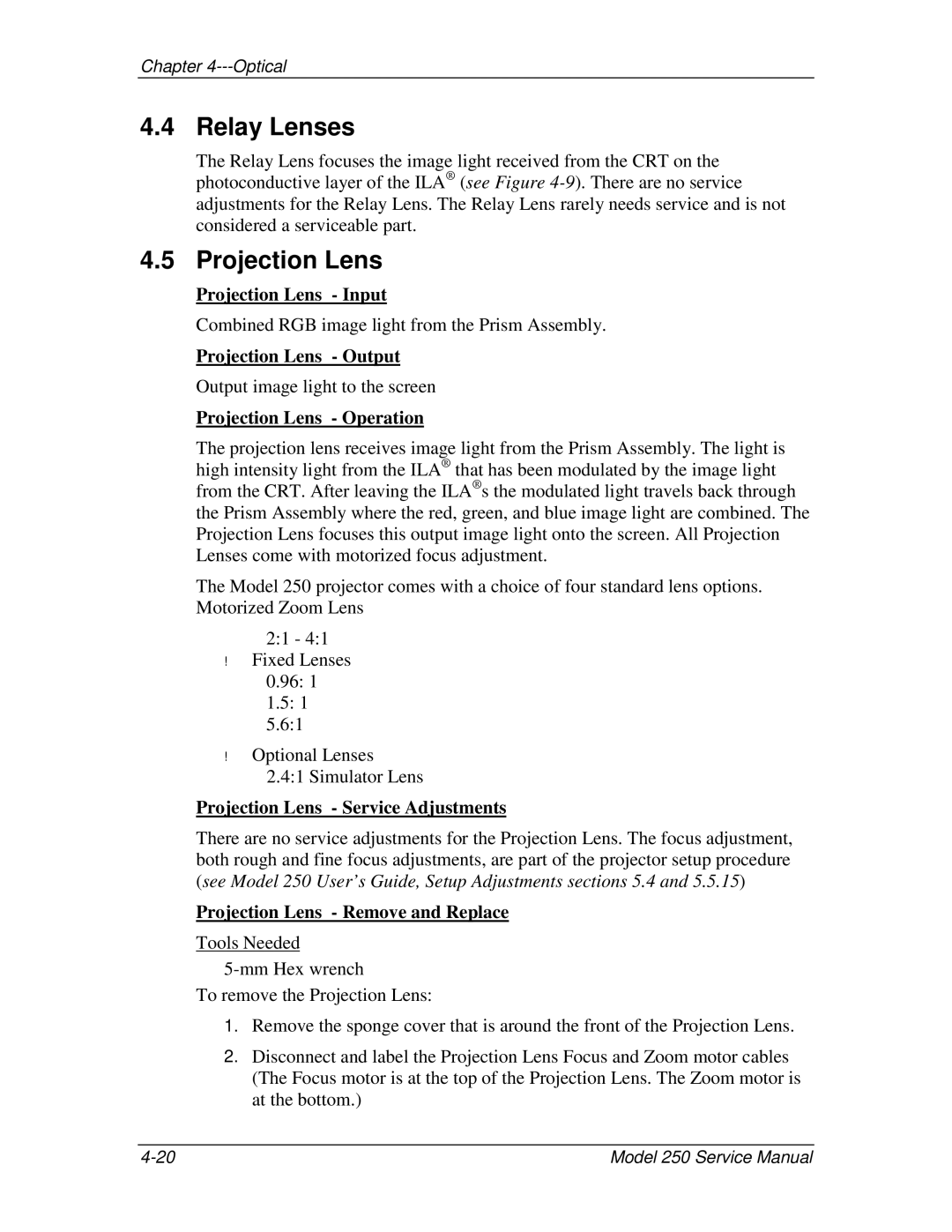 JVC 250 service manual Relay Lenses, Projection Lens 