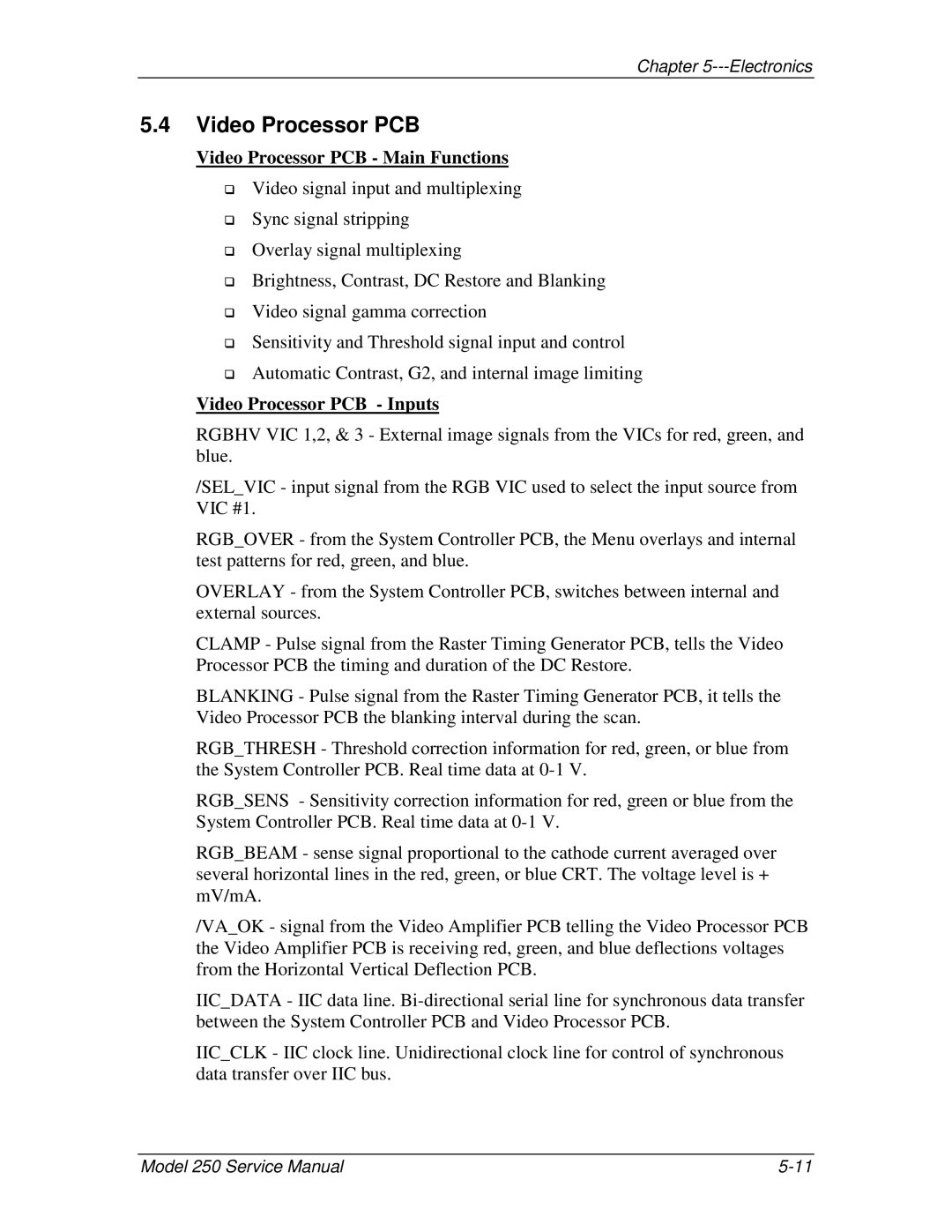 JVC 250 service manual Video Processor PCB Main Functions, Video Processor PCB Inputs 