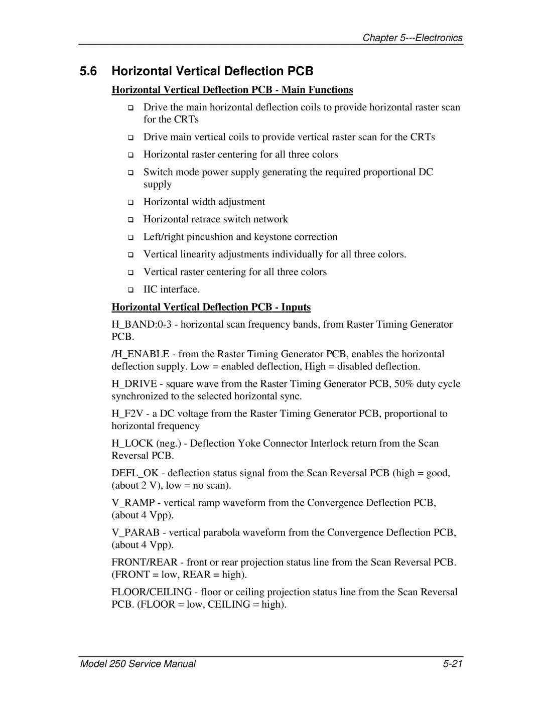 JVC 250 service manual Horizontal Vertical Deflection PCB Main Functions, Horizontal Vertical Deflection PCB Inputs 