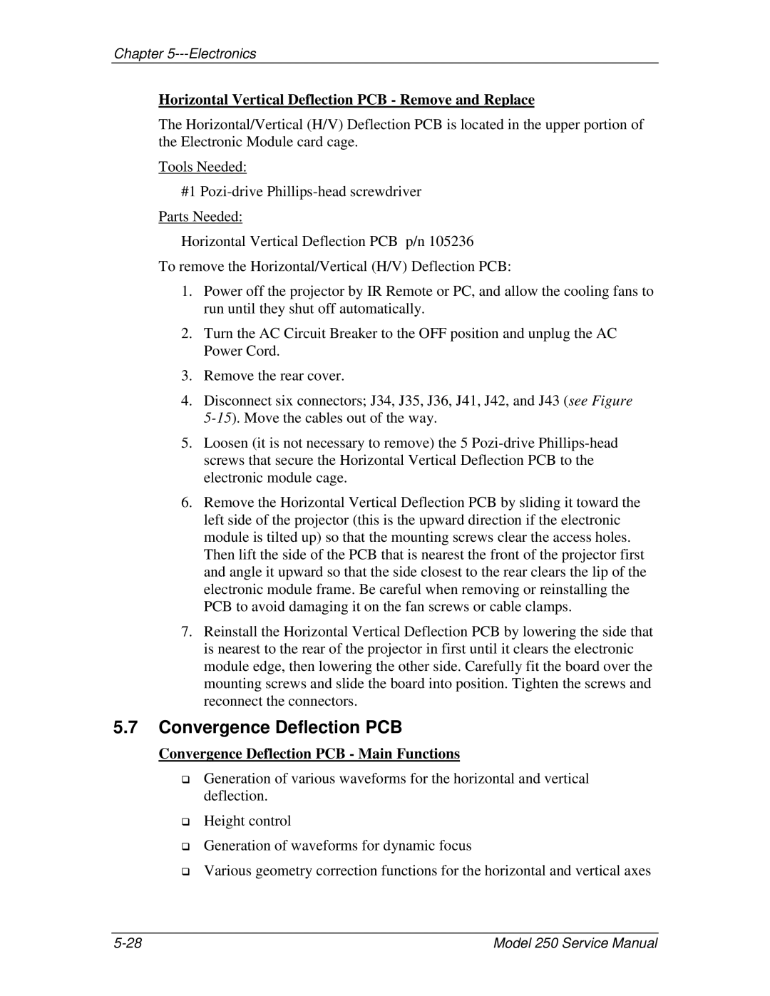 JVC 250 service manual Convergence Deflection PCB, Horizontal Vertical Deflection PCB Remove and Replace 