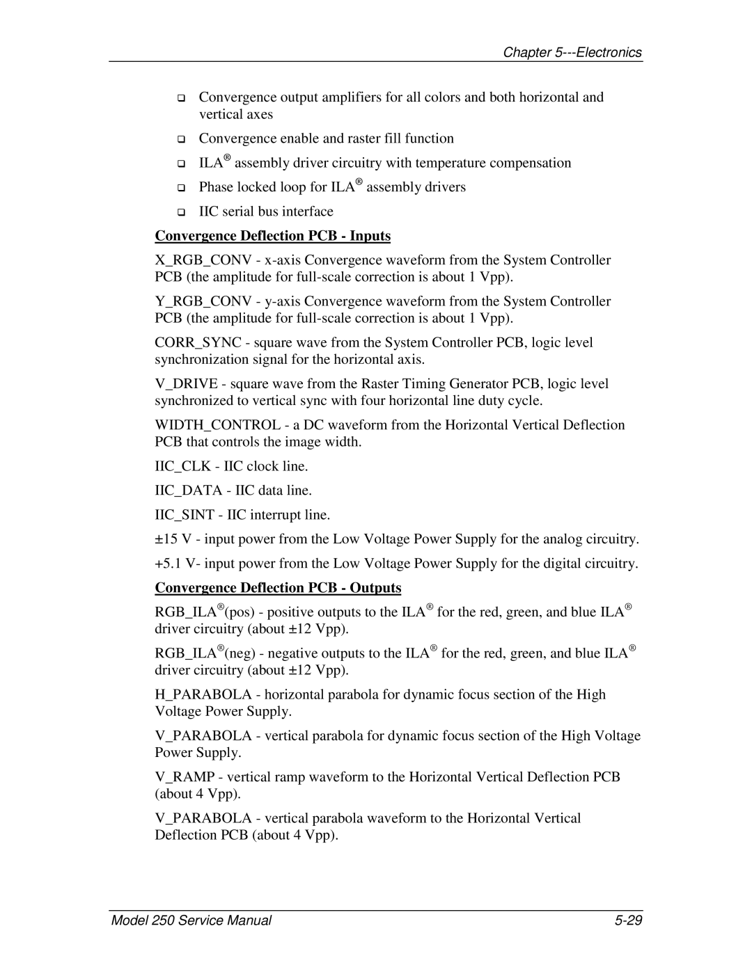 JVC 250 service manual Convergence Deflection PCB Inputs, Convergence Deflection PCB Outputs 