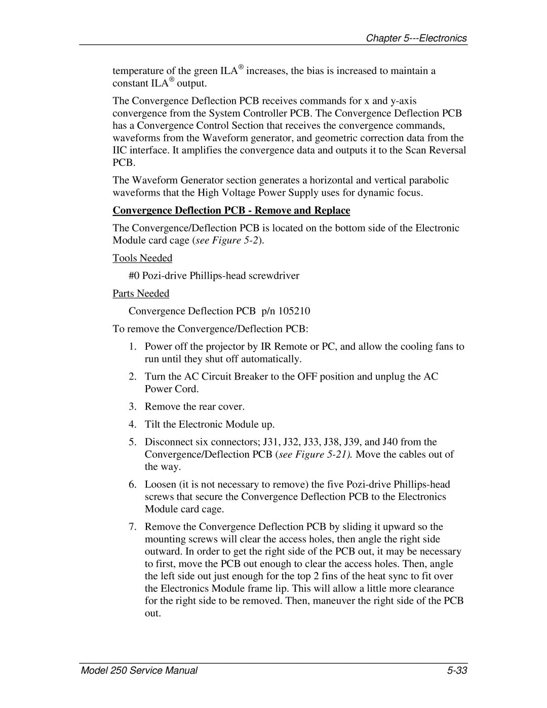 JVC 250 service manual Convergence Deflection PCB Remove and Replace 