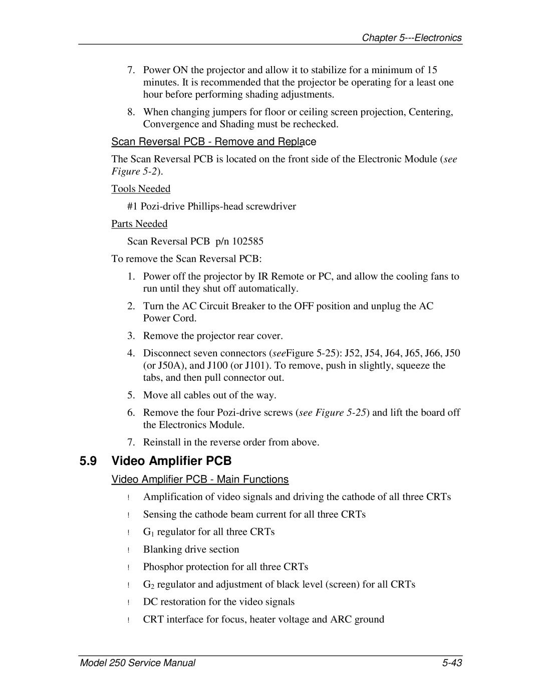 JVC 250 service manual Scan Reversal PCB Remove and Replace, Video Amplifier PCB Main Functions 