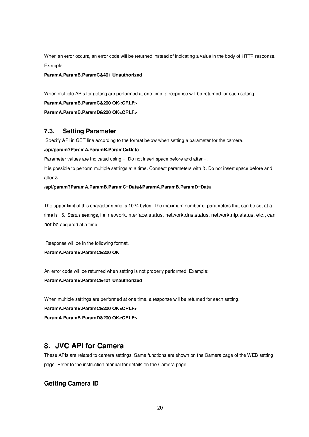 JVC 237VP, 257VP, 137, VN-H57, 157WP, VN-H37 specifications JVC API for Camera, Setting Parameter, Getting Camera ID 