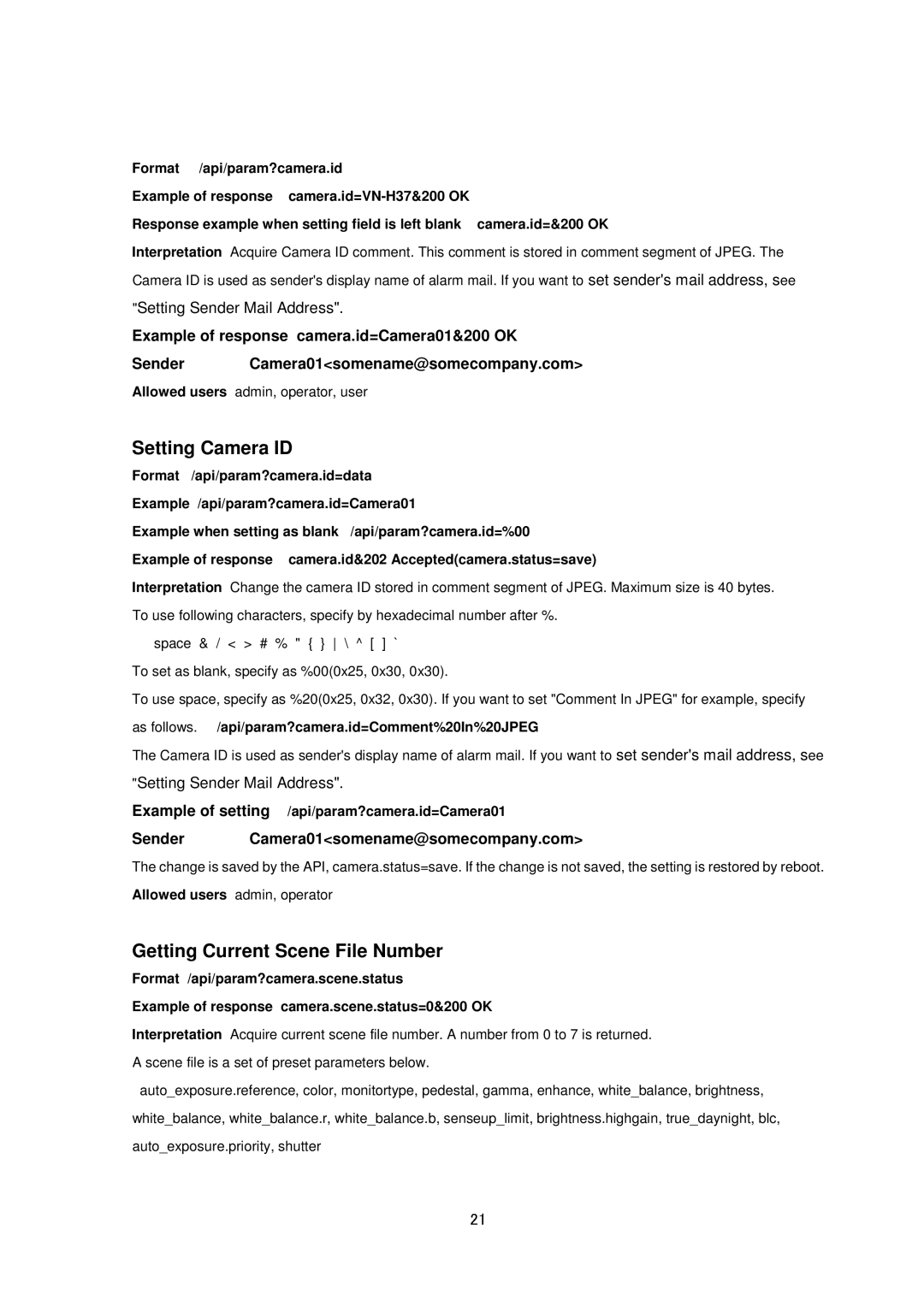 JVC VN-H57, 237 Setting Camera ID, Getting Current Scene File Number, As follows. /api/param?camera.id=Comment%20In%20JPEG 