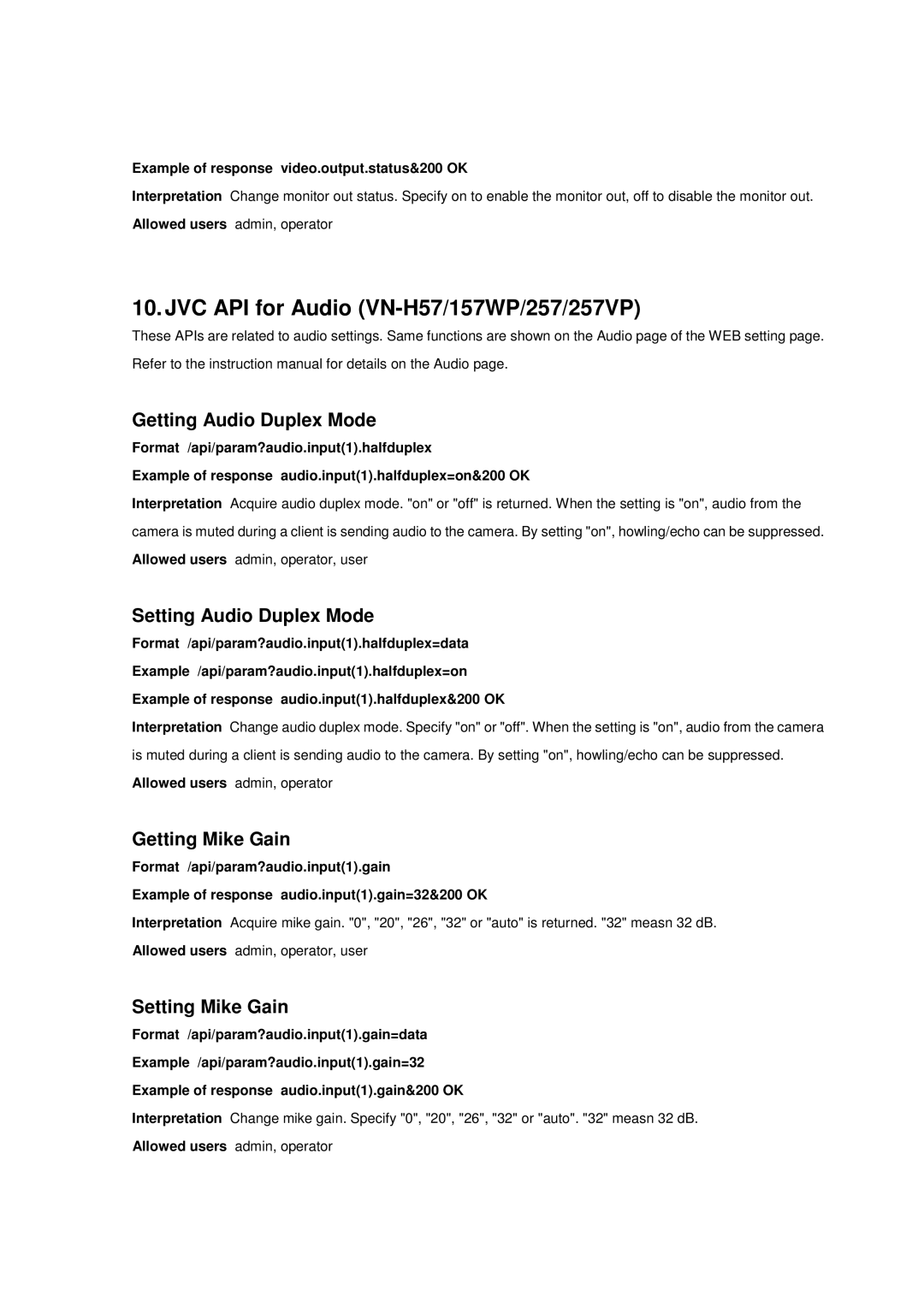 JVC 137 JVC API for Audio VN-H57/157WP/257/257VP, Getting Audio Duplex Mode, Setting Audio Duplex Mode, Getting Mike Gain 