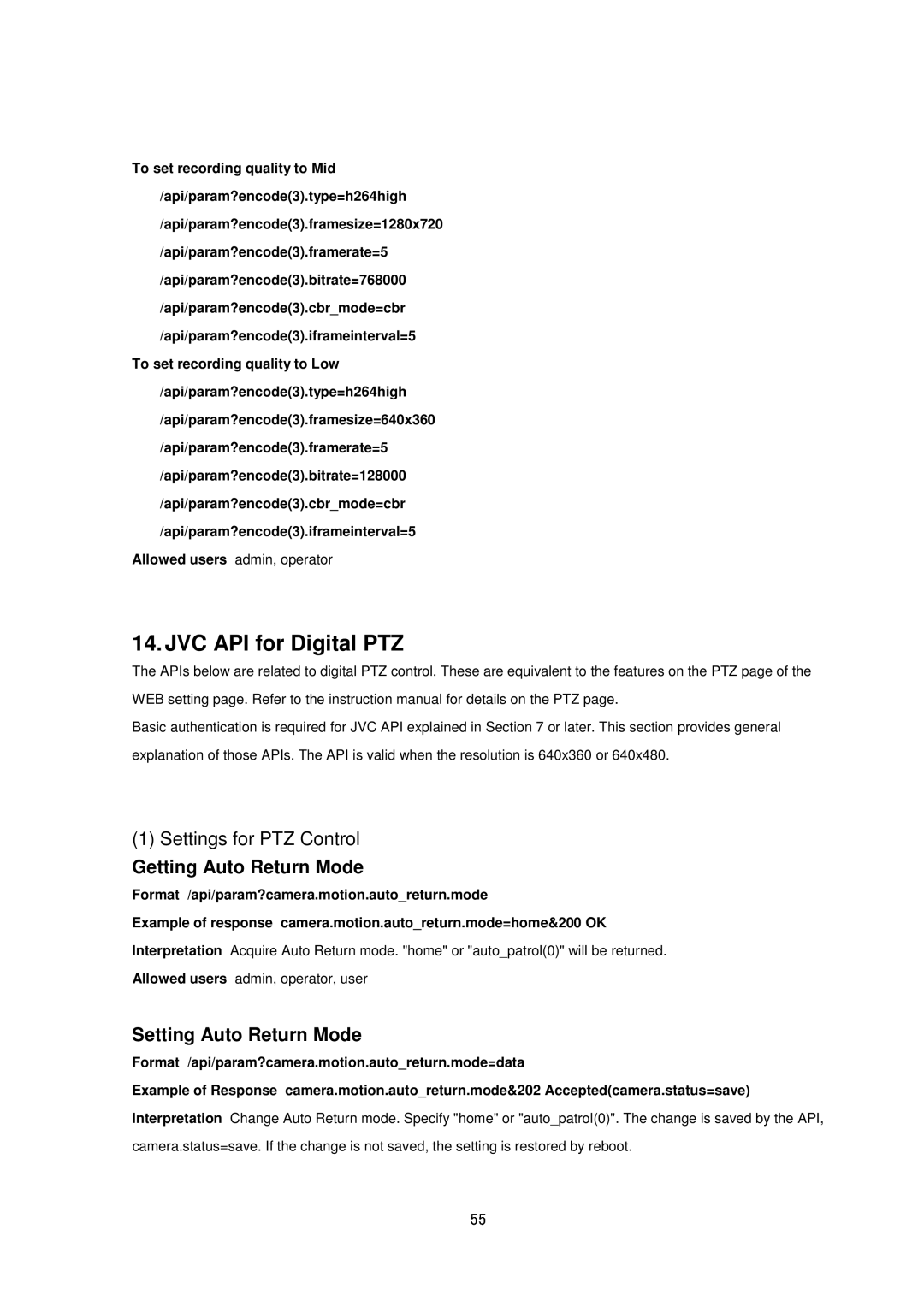 JVC VN-H37, 257VP, 137, 237VP, VN-H57, 157WP JVC API for Digital PTZ, Getting Auto Return Mode, Setting Auto Return Mode 