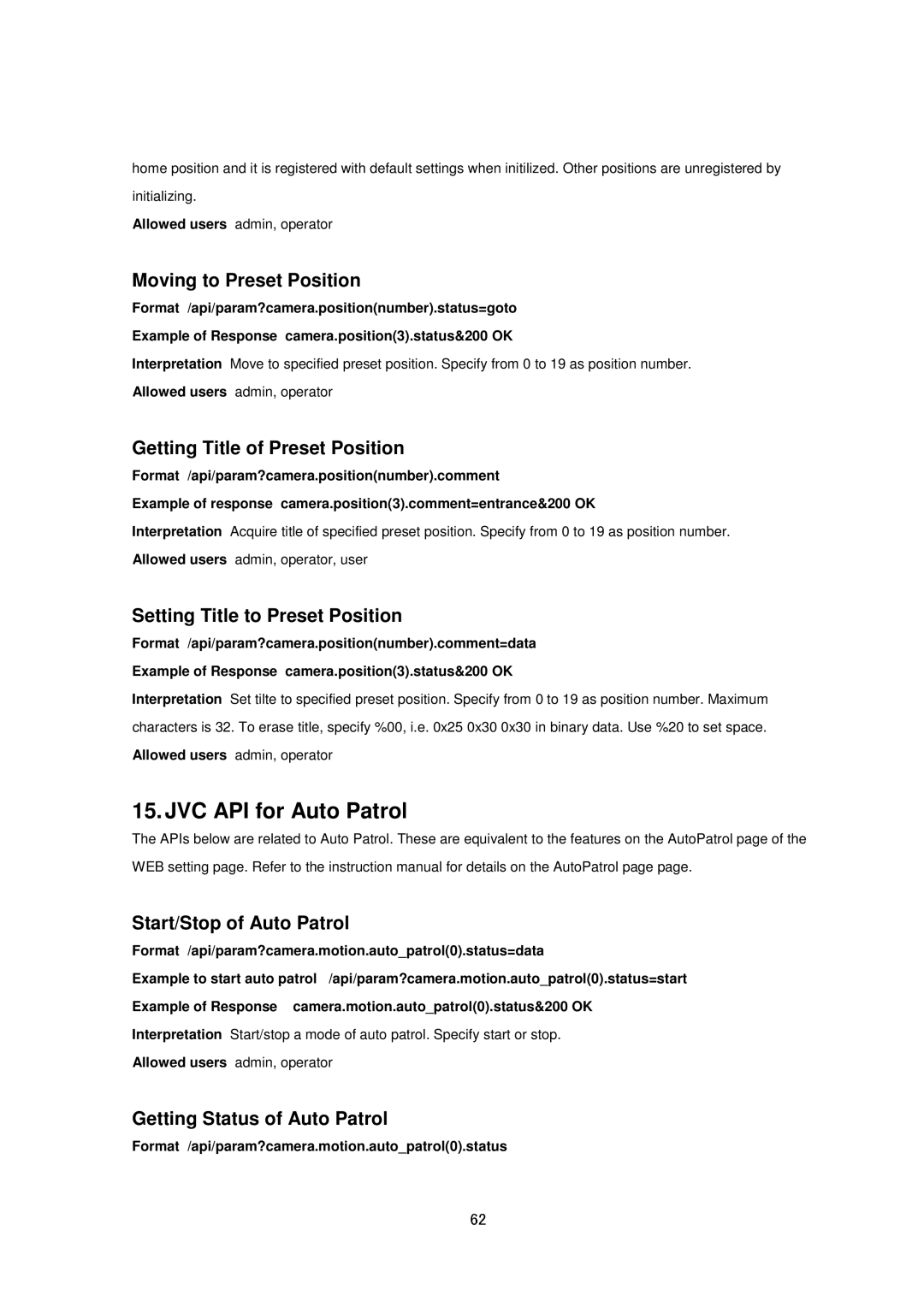 JVC 157WP, 257VP, 137, 237VP, VN-H57, VN-H37 specifications JVC API for Auto Patrol 