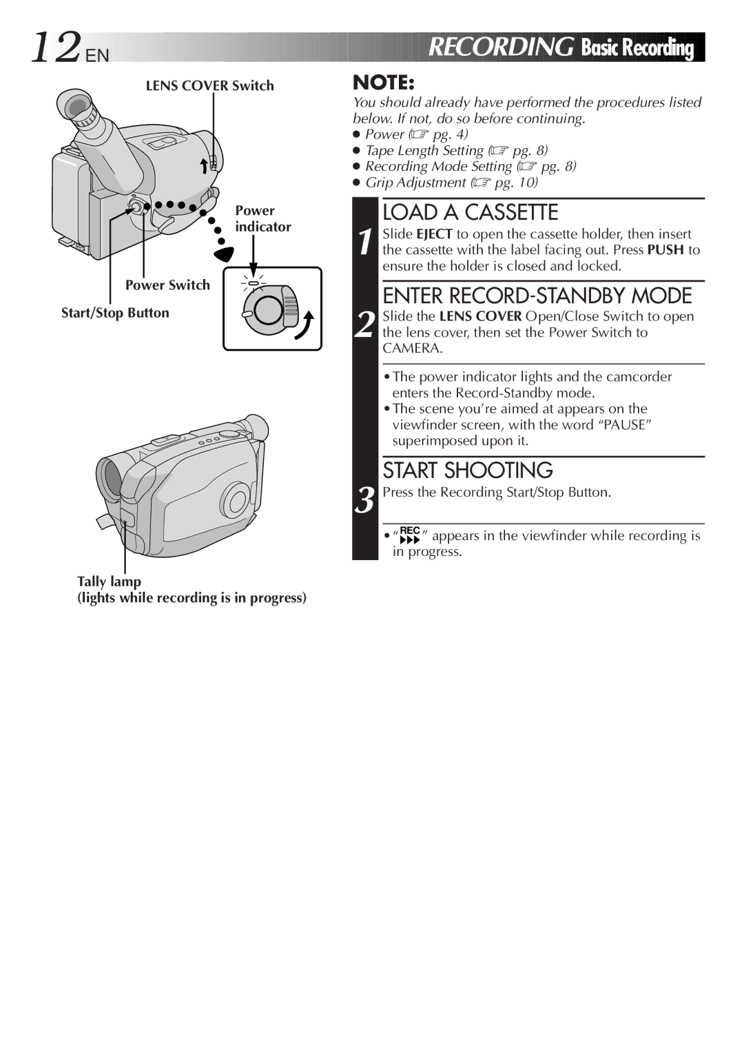 JVC 2EN instruction manual Basic Recording, Load a Cassette, Enter RECORD-STANDBY Mode, Start Shooting 