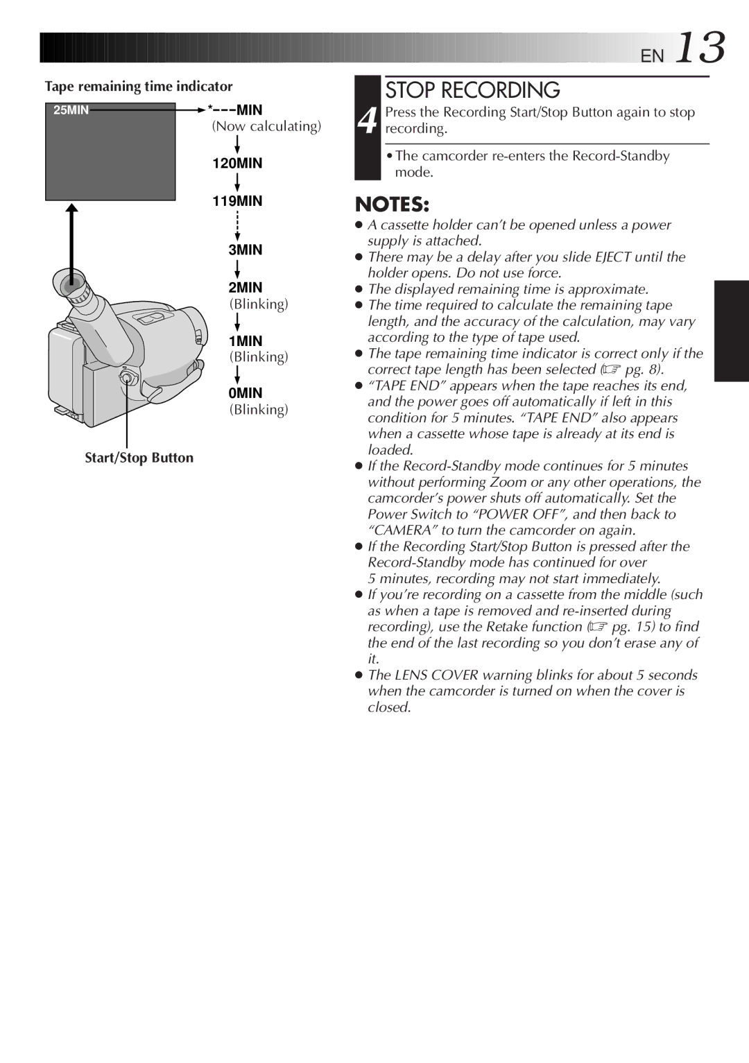 JVC 2EN instruction manual Stop Recording, Tape remaining time indicator, Now calculating, Blinking 