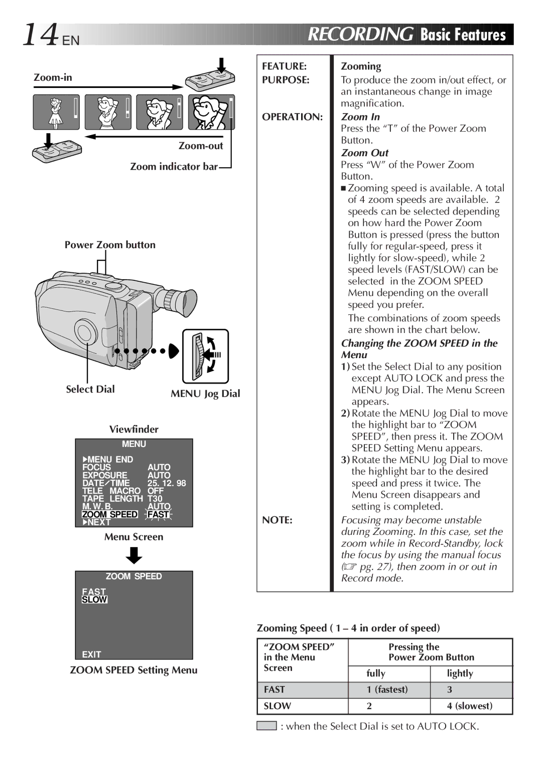 JVC 2EN instruction manual EN Recording Basic Features, Feature Purpose Operation 