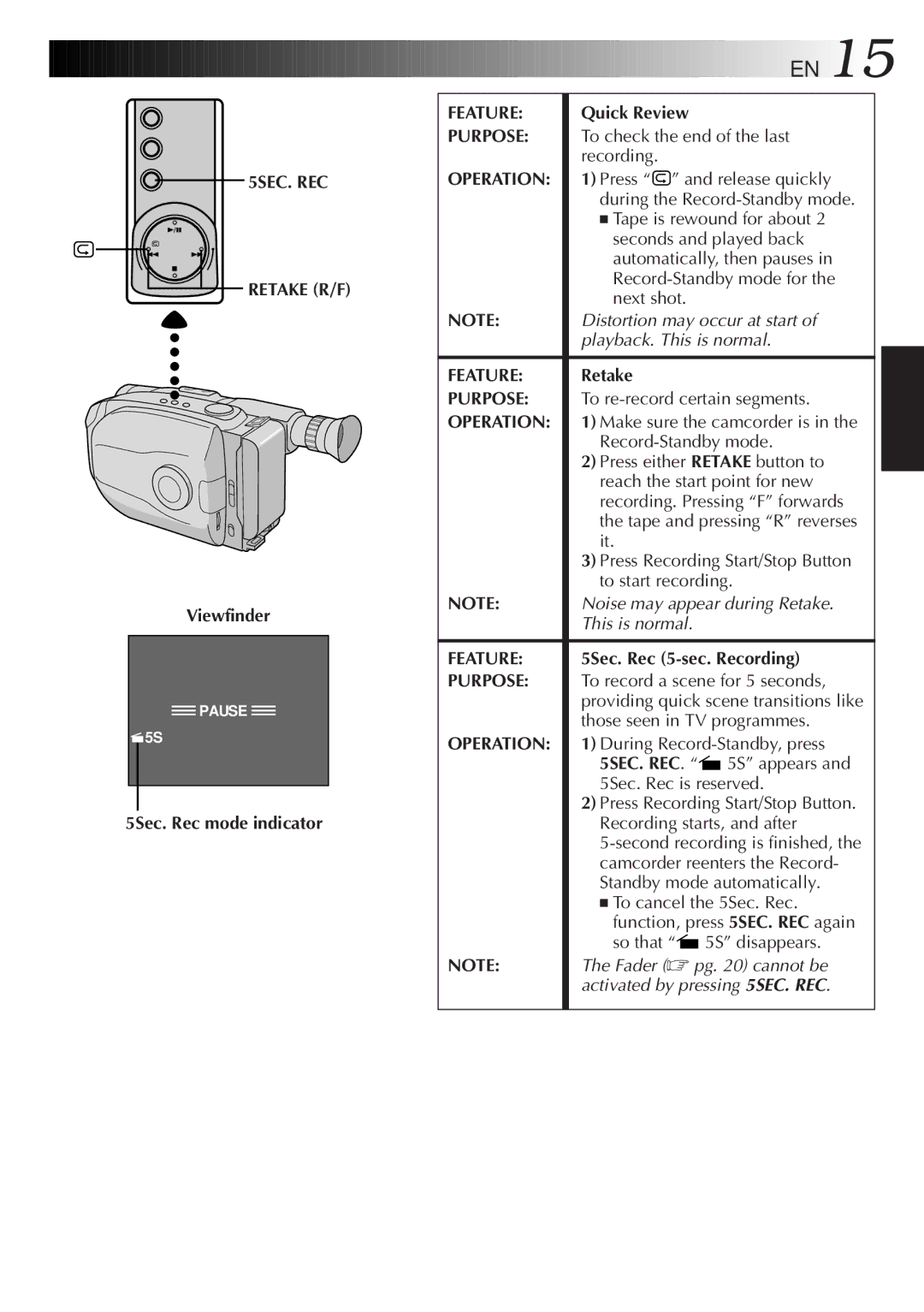 JVC 2EN instruction manual 5SEC. REC Retake R/F, 5Sec. Rec mode indicator, Feature, Quick Review 