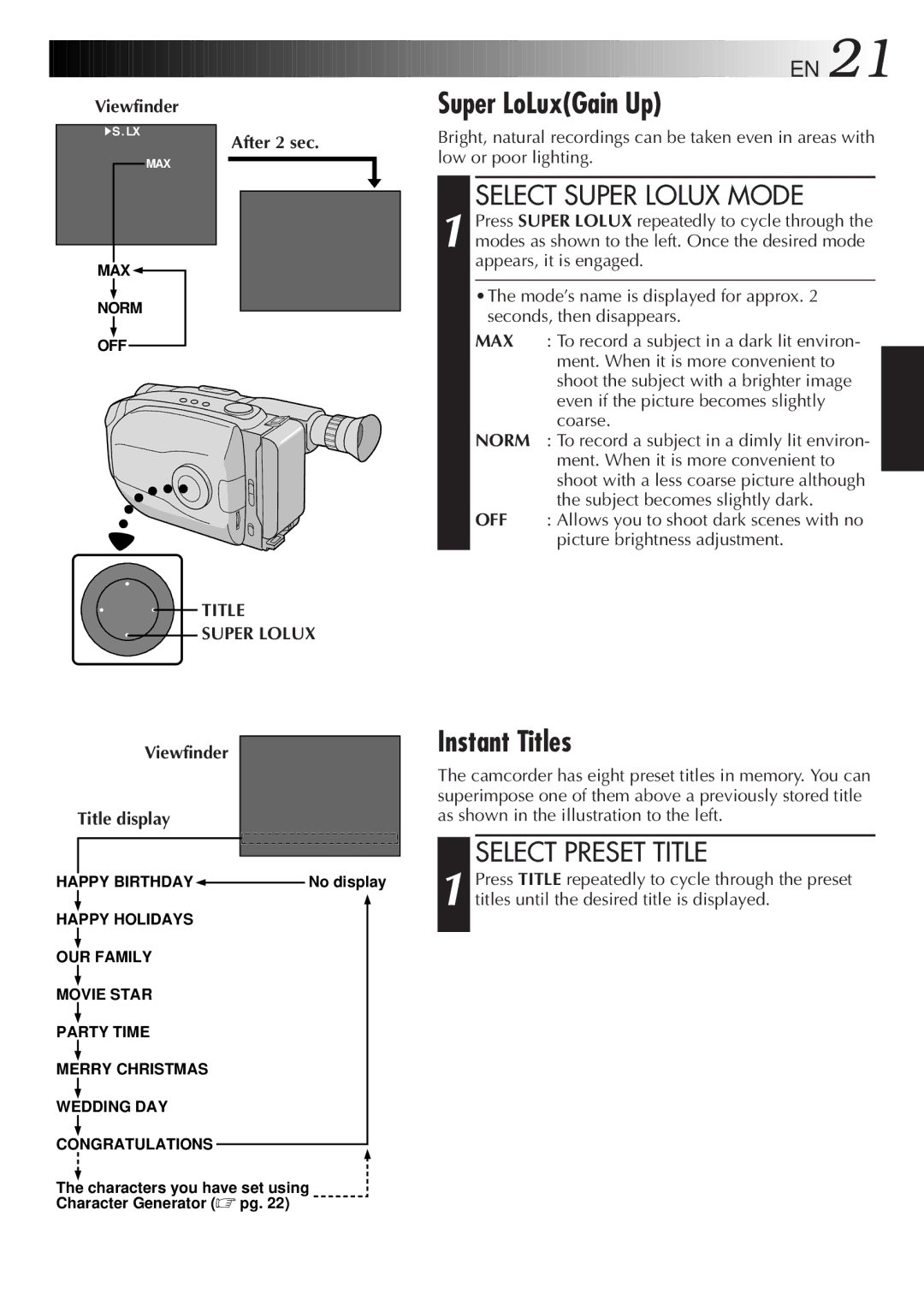 JVC 2EN Super LoLuxGain Up, Instant Titles, Select Super Lolux Mode, Select Preset Title, Viewfinder Title display 