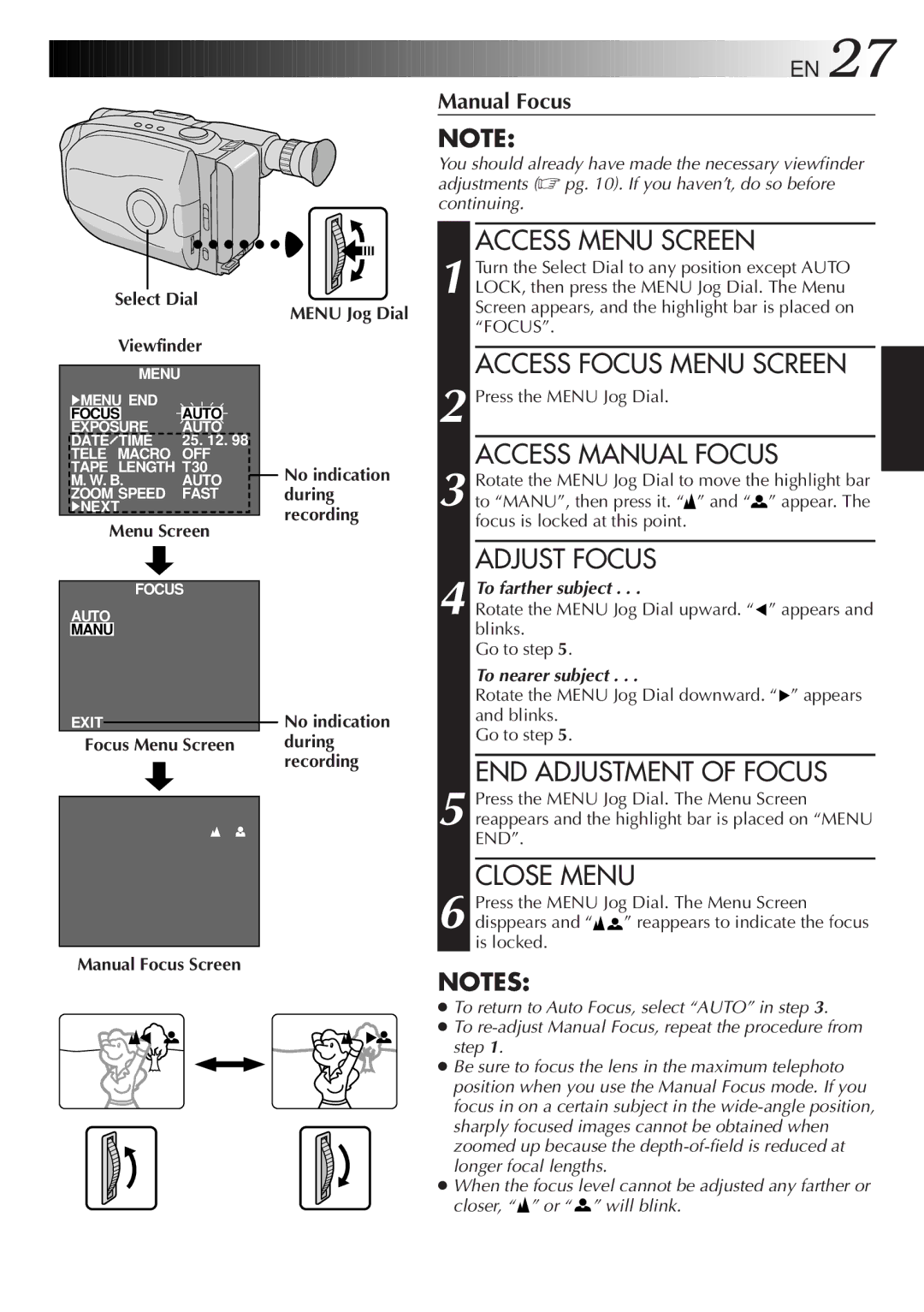 JVC 2EN instruction manual END Adjustment of Focus, Focus Menu Screen Manual Focus Screen Menu Jog Dial 