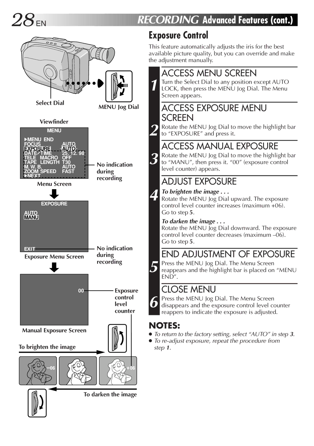 JVC 2EN instruction manual To brighten the image Menu Jog Dial, To darken the image 