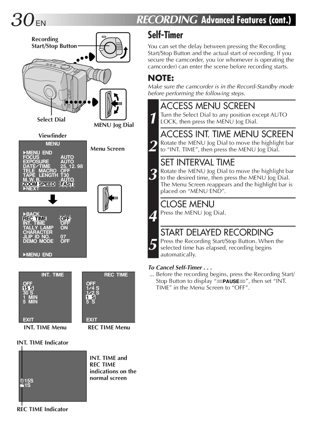 JVC 2EN Recording Start/Stop Button Select Dial Viewfinder, INT. Time Menu INT. Time Indicator, REC Time Menu INT. Time 